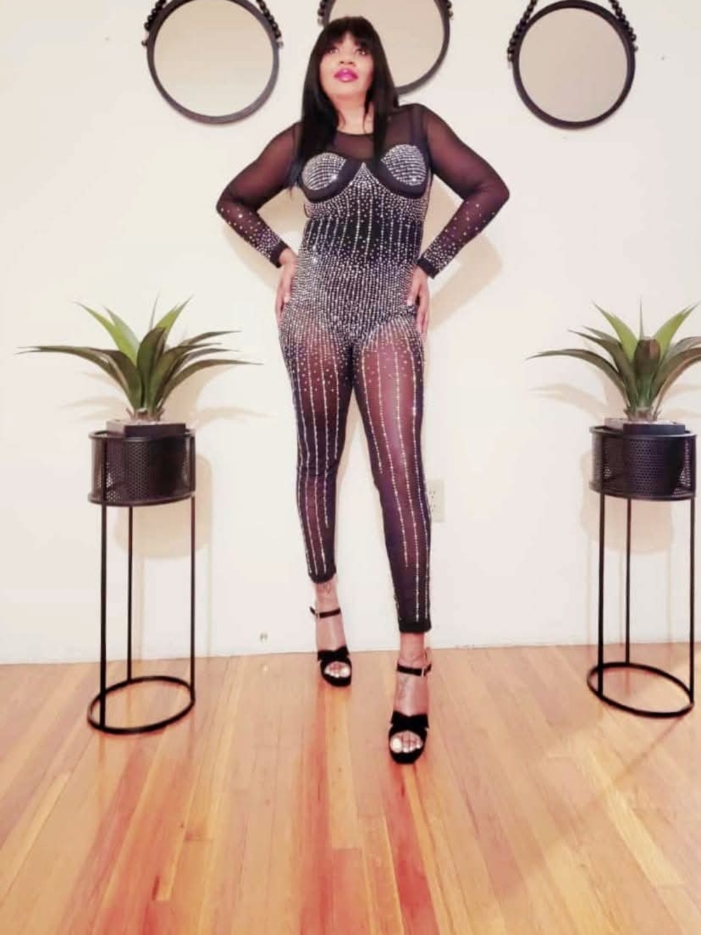 Embellished Sheer Black Rhinestone Jumpsuit